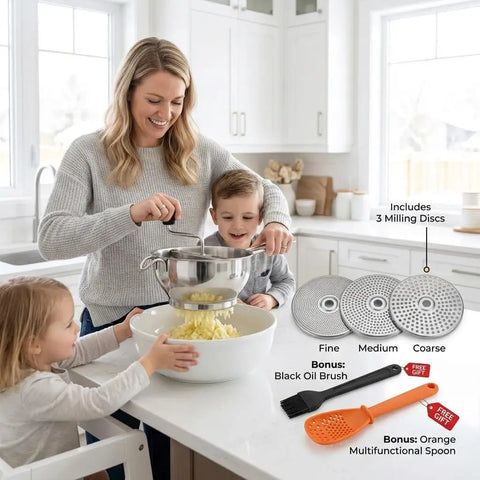 Woman using Stainless Steel Food Mill With Three Milling Discs, Hand Crank Rotary Action, Silicone Handle, for mashed potatoes