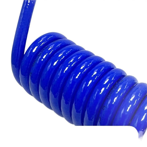 Close-up of Straight Up Heavy Duty Pu Spring Air Hose With Retractable Spiral Design, bright blue, 12mm diameter, for high pressure use.