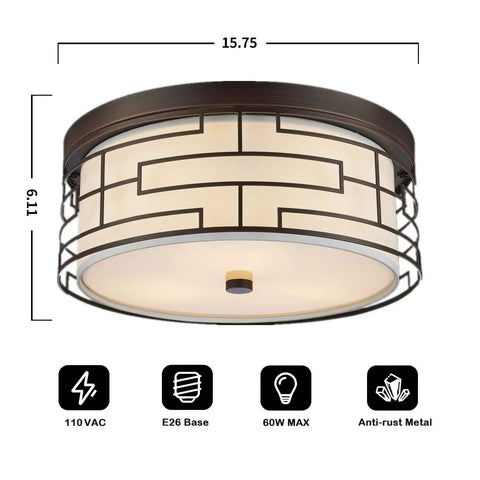 Semi Flush Drum Ceiling Light 3 Light in Oil Rubbed Bronze Finish With Linen White Fabric Shade and Metal Frame 15.8 Inch