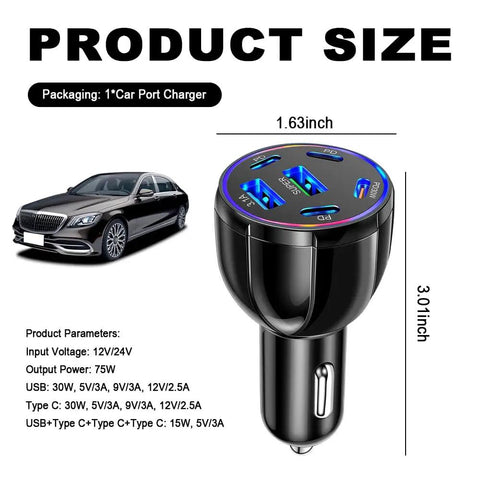 Six Port Car Charger Delivering Seventy Five Watts With Four Usb Type C And Two Classic Usb A Outlets, dimensions 1.63x3.01 inches, in car.