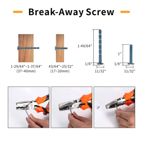 Break-away screw diagram showing measurements and pliers cutting a screw, related to Six Pack 5 Inch Champagne Bronze Cabinet Handles 128mm Brushed Brass Kitchen Cabinet Pulls For Cupboards And Drawers Gold Hardware Set For Home Renovation.