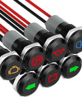 Waterproof Metal LED Indicator Light Set For Dash Panel Mount 12V 24V Half Inch Cutout 7-Piece Kit with wire harness