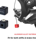 Durable Aluminum Alloy Bike Cable End Caps Set For Brake And Shifter Cables With 2 Square Tail Caps 2 Screws And Hex Spanner Included Easy Install Secure Fit For Road And Mountain Bikes Black, shown with installation on brake system and close-up of components.