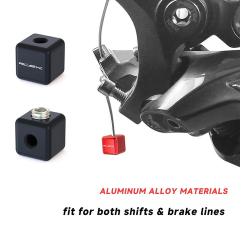 Durable Aluminum Alloy Bike Cable End Caps Set For Brake And Shifter Cables With 2 Square Tail Caps 2 Screws And Hex Spanner Included Easy Install Secure Fit For Road And Mountain Bikes Black, shown with installation on brake system and close-up of components.