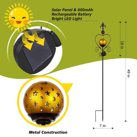 Solar Garden Lights Outdoor Decorative Stake For Yard Patio Porch Lawn Gold Globe LED Ball With Moon And Star Cutouts Creates Stunning Silhouettes Yard Art Garden Decor Solar Powered Landscape Accent Cool Outdoor Vibe