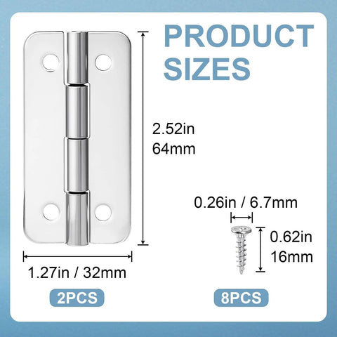 Two Sets Of Premium Stainless Steel Cooler Hinges And Screws For Ice Chests Beefy Heavy Duty Replacement Hardware Includes 2 Hinges And 8 Rust Resistant Screws For Quick Easy Install, showing product dimensions.