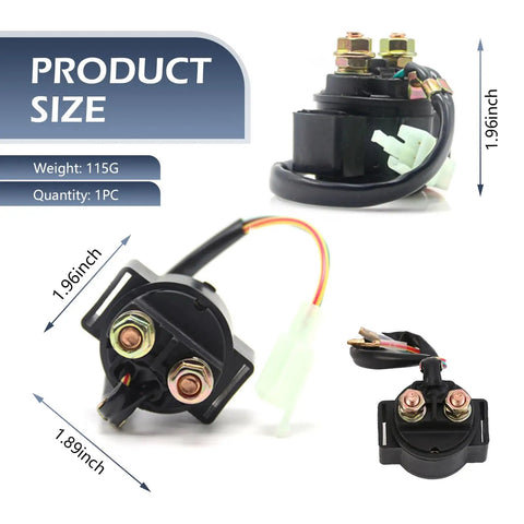 Plug And Play 12V Starter Relay For Four Wheel Scooters Go Karts And Motocross Heavy Duty Solenoid Switch side view with wiring details.