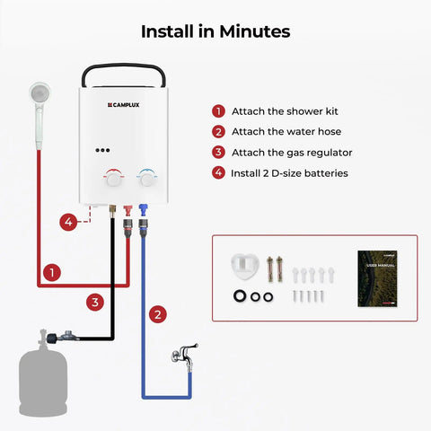 Installation diagram of 5L Portable Tankless Water Heater For Camping And RV Off Grid Use With Propane Shower Instant Hot Water