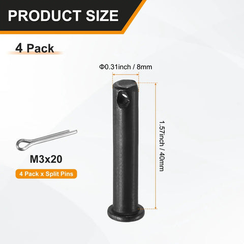 4 Pack M8x40mm Single Hole Clevis Pins Black Finish For Quick Release Heavy Duty Pins For Farm Gear Shop Builds Rigging Furniture Assembly And DIY Projects; M3x20 size