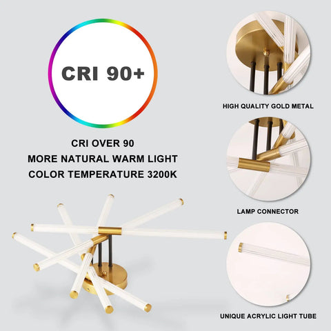 Modern LED Flush Mount Ceiling Light With Ten LED Tubes Rotatable Dope Gold Fixture highlighting CRI 90+ and warm 3200K light