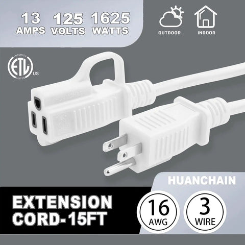Indoor Outdoor Waterproof Extension Cord 15 Ft 16 AWG SJTW Flexible Outdoor Power Cable 3 Prong Cold Resistant White 13 Amp 1625 Watt ETL Listed For Indoor Or Outdoor Use