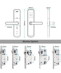 Rock Solid Hella Weatherproof Tuya WiFi Smart Door Lock With Fast Fingerprint Scan dimensions and mortise options diagram.