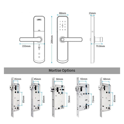 Rock Solid Hella Weatherproof Tuya WiFi Smart Door Lock With Fast Fingerprint Scan dimensions and mortise options diagram.