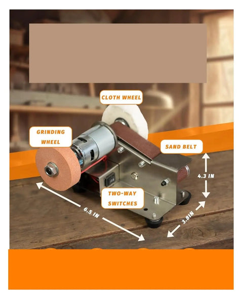 Mini Electric Belt Sander And Multifunctional Knife Sharpener For DIY Projects showing grinding wheel, cloth wheel, and sand belt.