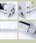 Top Shelf Pneumatic Rodless Cylinder Featuring Precision Linear Guide For Smooth Straight Stroke Motion Control, detailed views of connectors.