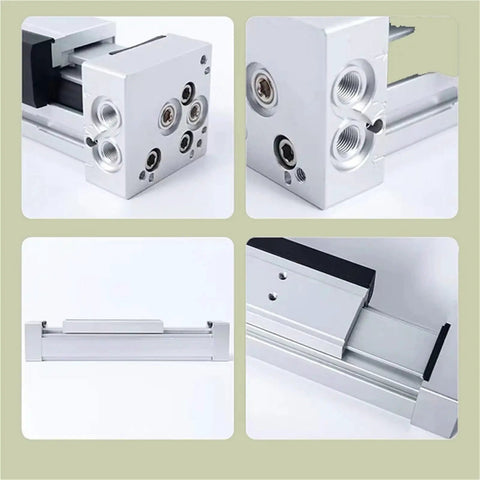 Top Shelf Pneumatic Rodless Cylinder Featuring Precision Linear Guide For Smooth Straight Stroke Motion Control, detailed views of connectors.