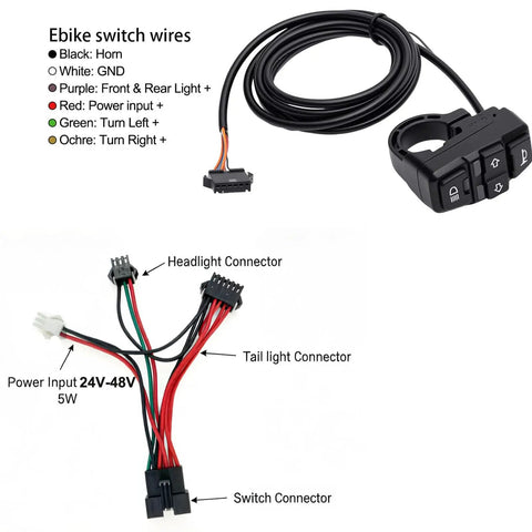 Ride-Ready Electric Bicycle Light Kit With Turn Signals wiring harness, handlebar switch, 24V 36V 48V compatible connectors.