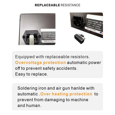 Close-up of LCD Display Hot Air Rework Station plug and safety features with replaceable resistors and protection labels.