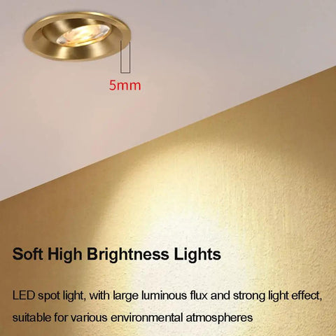 WKNHHL 7W Brass Led Recessed Light, 3 Inch Baffle Trim, installed in ceiling, showing soft high brightness effect.