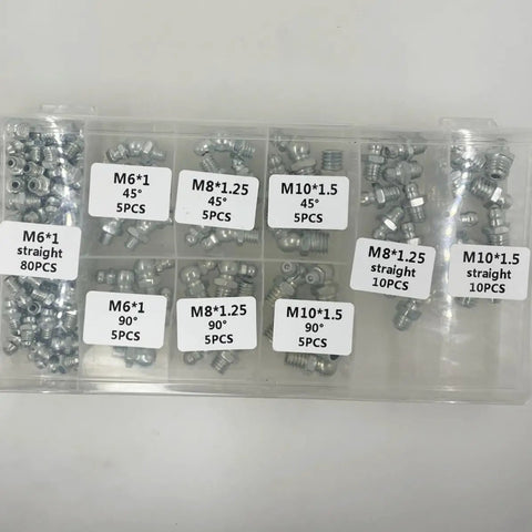 Super Cool 260 Piece Grease Fitting Kit With Galvanized Iron Material For Cars Including Straight And Angled Zerk Nipples To Level Up Your Auto Maintenance Game Smoothly. 260-piece galvanized iron grease fitting kit in labeled storage case