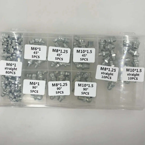 Healifty Heavy Duty Grease Nipples Kit: 260 Pc Assortment Of M6 M8 M10 Galvanized Fittings For Automotive Bearings And Mechanical Assemblies To Fix Compatibility Issues And Keep Your Ride Running Smooth, plastic case with M6 M8 M10 grease fittings