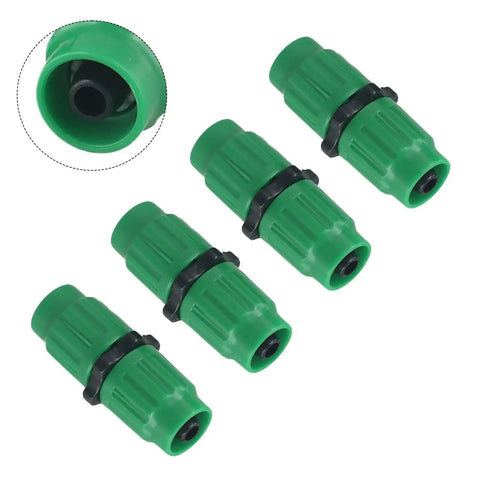 Top Notch Expandable Garden Hose Repair Kit With Multi Function Fittings For 5/8 And 3/4 Inch Hoses Quick Fix Connector Set in Green That Gets The Job Done Right. green hose repair connectors with black rings, angled view