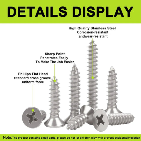 Close-up of 304 Stainless Steel Flat Head Phillips wood screws set with sharp point, cross groove, and corrosion-resistant features.
