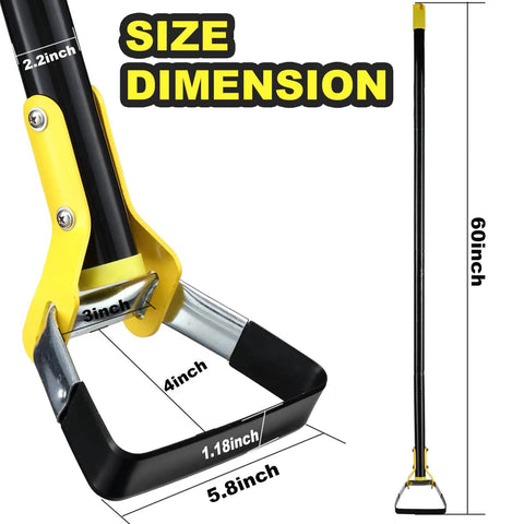 Close-up of Stainless Steel Stirrup Weeder Hoe With Sharp Push Pull Blade dimensions, adjustable 30 to 54 inch garden tool.