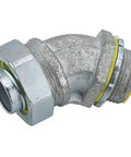 Heavy Duty One Quarter Inch Forty Five Degree Liquid Tight Connector Featuring Bulletproof Insulated Split Lock Ring And Zinc Coated Steel For Zero Trouble Flexible Conduit Wiring Installation Plus Pack Of Ten, showing gray zinc coated steel with yellow seals.