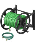 Heavy Duty Wall Mounted Garden Hose Reel With One Hundred Twenty Five Feet Of Five Eighths Inch Capacity Includes Three Point Nine Feet Leader Hose And Brass Connector Hose Holder Winder And Storage Rack For Yard Lawn Farm Black with green hose