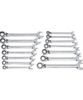 10 Piece 12 Point Flex Head Ratcheting SAE Wrench Set With Tool Roll in chrome alloy steel, displayed in two rows.