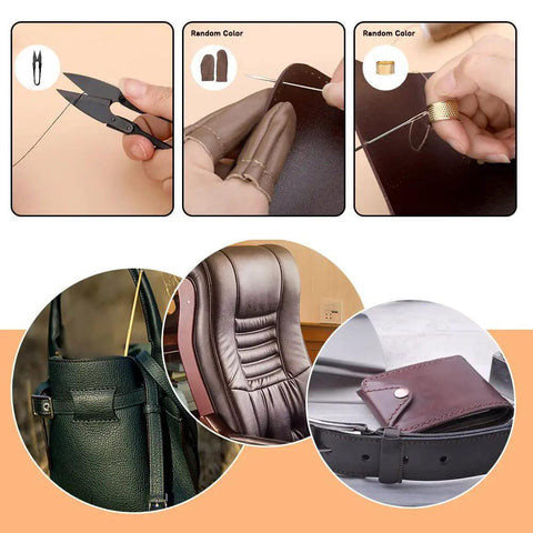 Pro Grade Heavy Duty Leather Upholstery Repair Kit With 8 Upholstery Threads, 40 Piece Sewing Set, Curved Needles, Large Eye Needles, Awl, Thimble, Scissors, Finger Cots For Car Seats, Backpacks, Shoes, And Furniture in use on various leather items