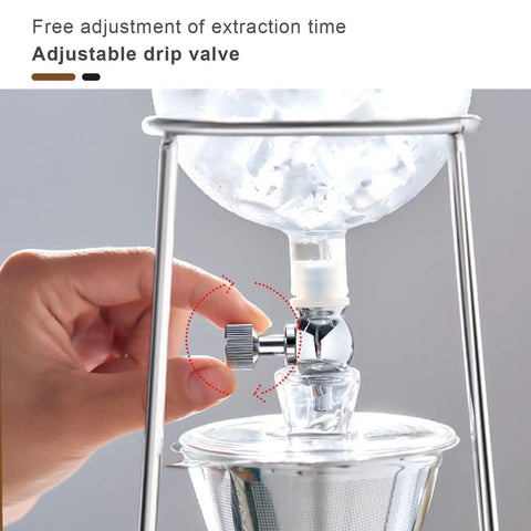 Top Shelf Cold Brew Drip Tower And Ice Coffee Maker With Solid Reusable Filter Dripper showing adjustable drip valve being adjusted.