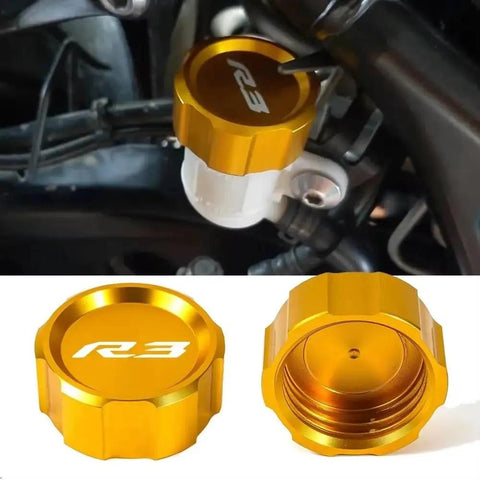 Rear Brake Fluid Reservoir Cap And Cylinder Cover For R3 YZF R3 YZFR3 2015 2024, CNC aluminum cap, installed and separate views