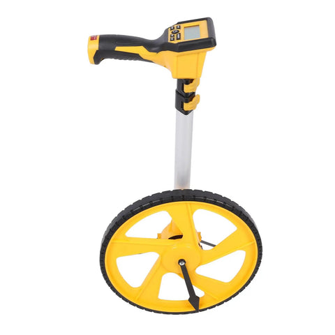aqxreight Distance Measuring Wheel with Backlit Display, Precision features a yellow wheel, aluminum handle, and digital display.