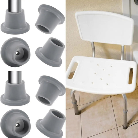 8 Pack Replacement Feet For Shower Chair With Large Base Non Slip Grippy Rubber Caps displayed with white shower chair