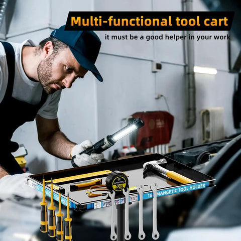 Mechanic using Adjustable Work Table And Tool Cart On Wheels For Garage And Shop with tools in tray
