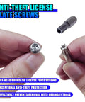 Bulletproof Heavy Duty Stainless Steel License Plate Screws Anti Theft Security Bolts With Hex Pattern Tough Rustproof showing screws and tool