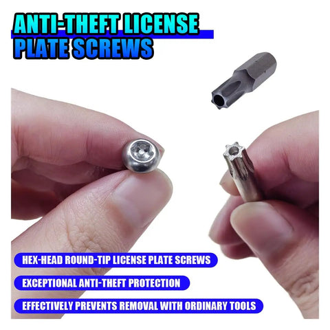 Bulletproof Heavy Duty Stainless Steel License Plate Screws Anti Theft Security Bolts With Hex Pattern Tough Rustproof showing screws and tool