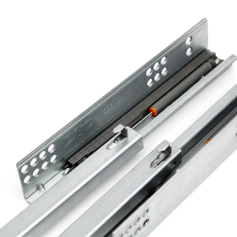 Close-up of Two Piece Bottom Mount Drawer Slides for Furniture, metal rails with easy install design, heavy duty under mount glide