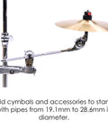 Chrome Cymbal Clamp With Adjustable Boom Arm Featuring Fastclamp System And Quick Tilter Fits Standard Drum Pipes for cymbals.