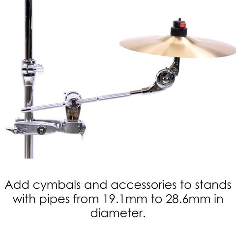 Chrome Cymbal Clamp With Adjustable Boom Arm Featuring Fastclamp System And Quick Tilter Fits Standard Drum Pipes for cymbals.