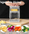 Badelite 3-in-1 vegetable cutter with clear plastic body and gray base; potato cubes visible with icons for potato, onion, carrot, cucumber.