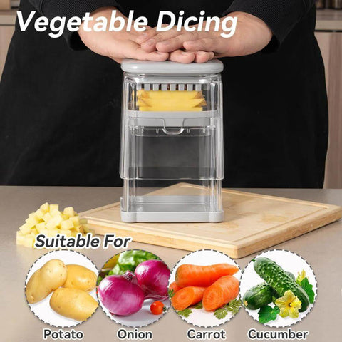Badelite 3-in-1 vegetable cutter with clear plastic body and gray base; potato cubes visible with icons for potato, onion, carrot, cucumber.
