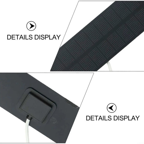 Monocrystalline 2W 5V Solar Panel Charger with USB Output, showing solar cells and USB port detail, compact black design