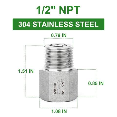 Front view of TAISHER 304 stainless steel 1/2in NPT male x 1/2in NPT female check valve.