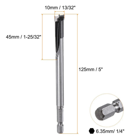 Rock Hard Tungsten Carbide Forstner Drill Bit 10Mm 13 32 Inch Hex Shank Woodworking Hole Cutter Boring Tool dimensions displayed.