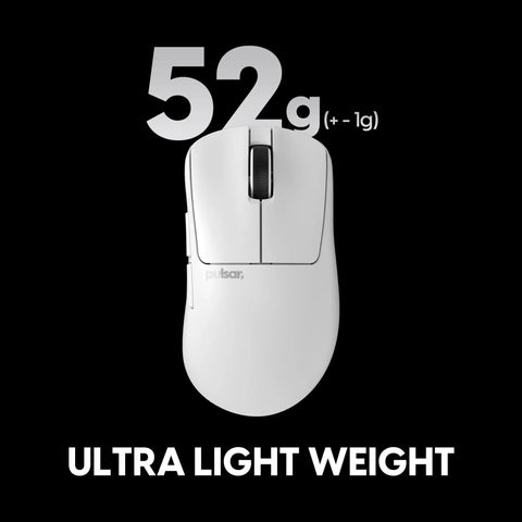 Featherweight Wireless Gaming Mouse Featuring A Snug Compact Profile And Buttery Smooth Tracking For Right Hand Palm Players Who Demand A Clutch Advantage During Weekend Sessions With Zero Latency And Pro Level Accuracy On Your Desktop, showing weight of 52g.