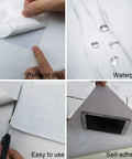 Wide Milk White Marble Wallpaper Easy Peel And Stick 24 Inch By 394 Inch Roll Glossy Thickened Waterproof Adhesive White Granite Textured Countertop Contact Paper DIY Vinyl Wall Sticker For Kitchen And Bathroom image showing peel and stick application, glossy surface with water drops, cutting grid, and phone test use.