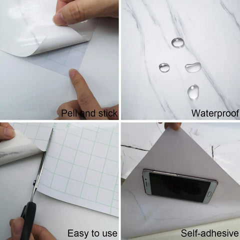 Wide Milk White Marble Wallpaper Easy Peel And Stick 24 Inch By 394 Inch Roll Glossy Thickened Waterproof Adhesive White Granite Textured Countertop Contact Paper DIY Vinyl Wall Sticker For Kitchen And Bathroom image showing peel and stick application, glossy surface with water drops, cutting grid, and phone test use.